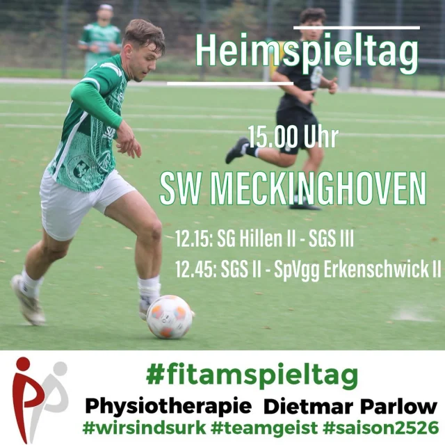 #meisterschaft #senioren #fitamspieltag #heimspiele #lülfstrasse 

Heute stehen bereits die nächsten Heimspiele auf dem Programm 🙋‍♂️ Nach dem ungemütlichen Wetter letzten Sonntag ist die Vorhersage heute wieder etwas freundlicher 😉

Unsere Erste empfängt um 15 Uhr im Verfolgerduell @swmeckinghoven . Die Dattelner stehen derzeit einen Punkt hinter uns auf Platz 4 und sorgten vor allem vor der Saison für Aufsehen, da sie unseren Jungs scheinbar nix zugetraut haben in dieser Saison 🤨 Im letzten Jahr gewannen wir das Heimspiel mit 1:0 - gerne heute wieder 🙏🍀

Um 12.45 Uhr empfängt die Zweite den Absteiger @spvgg.erkenschwick II. Die Schwicker stehen derzeit fünf Punkte vor uns auf Platz 5 und sammelten in den letzten 6 Spielen satte 15 Punkte. Das letzte Heimspiel gab es 2019 - damals gewannen unsere Jungs mit 4:3 💪

Bereits um 12.15 spielt unsere Dritte bei der SG Hillen II. Die Hillener stehen derzeit zwei Punkte hinter uns auf Platz 12. Im letzten Jahr gab es einen 3:1-Auswärtssieg. 👍

Kommt vorbei und unterstützt unsere Jungs 💚🤍👊

#wirsindsurk #zusammenhalt #teamgeist