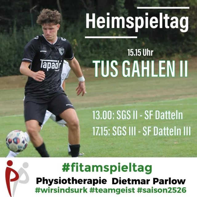 #heimspielsonntag #fitamspieltag #senioren #lülfstrasse 

Heute steht der erste Heimspielsonntag der Senioren auf dem Programm 💚🤍⚽️

Unsere Erste empfängt um 15.15 Uhr den @tus_gahlen_1912 II. Die Gahlener holten bisher erst 6 Punkte und stehen auf Platz 14. Im Hinspiel gewannen unsere Jungs deutlich mit 6:0 - die 3 Punkte nehmen wir heute auch gerne 😉

Unsere Zweite empfängt um 13 Uhr die @djksportfreundedatteln . Die Dattelner spielen eine starke Saison und stehen derzeit auf Platz 2. Im Hinspiel unterlagen unsere Jungs trotz einer 2:0-Führung mit 2:7 🥺

Unsere Dritte empfängt um 17.15 Uhr die SF Datteln III. Die SF stehen mit 7 Punkten am Tabellenende. Im Hinspiel gewannen unsere Jungs mit 4:1 💪

Kommt vorbei und unterstützt unsere Teams 💚🤍💪 #wirsindsurk
