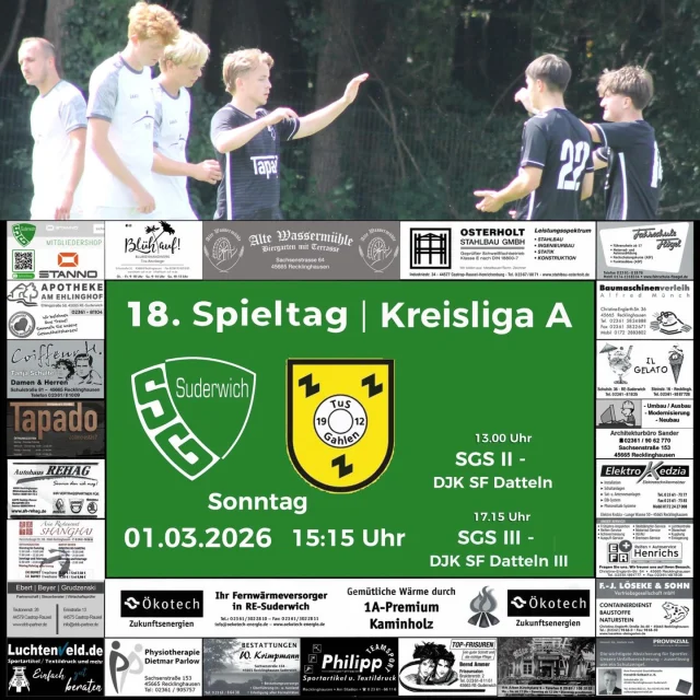 #wochenende #jugend #senioren #heimspielsonntag #anzeige

Hier der Überblick für das WE 💚🤍

Samstag:
10.00: F3 - Teut. Waltrop 3
12.15: SF Stuckenbusch 3 - U10
13.00: FC Lennestadt - A1
13.00: U15 - SF Stuckenbusch 2
13.30: SF Datteln - U12
15.00: U18 - JSG RW/Titania Erkenschwick

Sonntag:
11.00: U17 - JSG Hullern/Ahsen
13.00: SGS II - SF Datteln
15.15: SGS - TuS Gahlen II
17.00: SGS III - SF Datteln III

Viel Erfolg 🍀 ⚽️