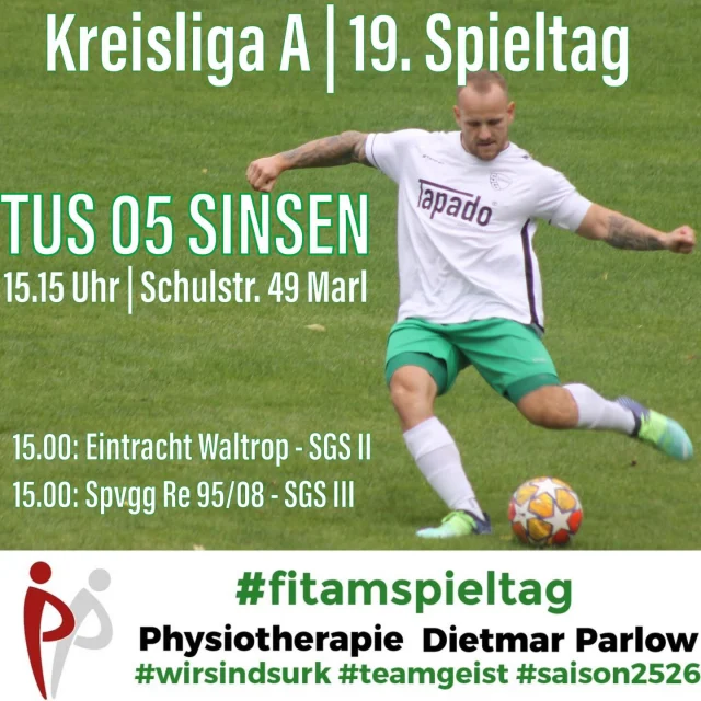 #senioren #meisterschaft #fitamspieltag #auswärts 

Unsere 3 Seniorenteams sind heute alle auswärts aktiv 💚🤍⚽️

Unsere Erste spielt um 15.15 Uhr beim Schlusslicht @tus05sinsen . Die Sinsener verloren bisher alle Spiele und erzielten selbst erst 3 Treffer. Im Hinspiel gewannen unsere Jungs 21:0 😳

Unsere Zweite steht um 15 Uhr vor einem wichtigen Auswärtsspiel bei Eintracht Waltrop. Die Waltroper stehen derzeit 11 Punkte hinter uns auf Platz 14. Im Hinspiel gab es einen 4:0-Erfolg für uns 💪

Unsere Dritte spielt ebenfalls um 15 Uhr bei der @spvgg_9508_re . Die Ludwiger stehen auf Platz 8 der Tabelle und haben 7 Punkte mehr als unsere Jungs. Im Hinspiel gewann 95/08 mit 3:0. 

Genießt das schöne Wetter und schaut bei einem der 3 Spiele vorbei 💚🤍🍀

#wirsindsurk