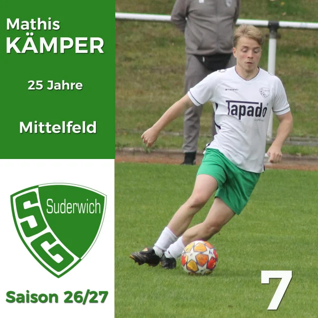 #erste #saison2627 #kader #mittelfeld #esgibtnureinenverein

Weiter geht’s im Mittelfeld – und auch hier machen wir mit jemandem weiter, der seit klein auf nur ein Trikot kennt: das der SGS 🔥💚🤍

@mathiskaemperr begann 2005 im Alter von 5 Jahren bei unseren Minis 💪 und durchlief anschließend alle Jugendmannschaften 🙏

In der Saison 18/19 feierte er als A-Jugendlicher sein Bezirksliga-Debüt im Heimspiel gegen Westfalia Gelsenkirchen. Nur eine Woche später stand er beim BV Rentfort direkt in der Startelf – und das bei einem 2:0-Auswärtssieg ⚽️😉

In den darauffolgenden drei Jahren war Mathis – sofern Corona 🦠 es zuließ – fester Bestandteil unserer Bezirksliga-Mannschaft und kam auf insgesamt 42 Einsätze 💪

Auch nach dem Abstieg in die Kreisliga A blieb er eine wichtige Stütze und ging trotz seines jungen Alters stets voran. Bis heute stehen weitere 93 Einsätze zu Buche! Die 100 wird er aufgrund seiner Gelb-Roten Karte im letzten Spiel diese Saison leider knapp verpassen 🤷‍♂️ – vielleicht dann im nächsten Jahr… oder auch nicht 😜

Für Mathis steht aber vor allem eines fest: „Surk bedeutet für mich Heimat, Tradition und Verbundenheit 💪 Unsere Mannschaft zeichnet die Freundschaft untereinander und der Hunger auf Erfolg in einer jungen Truppe aus 💚🤍🙏“

Und er sieht noch viel Potenzial:
„Ich spiele gerne weiter in Surk, weil ich einfach Spaß in meinem Heimatverein habe 🤝 Gleichzeitig möchte ich sehen, wohin die Reise mit der Mannschaft noch geht – und den Verein dabei bestmöglich unterstützen 👌“

Bei allem Ehrgeiz darf aber eines nicht fehlen: die Gesundheit 🍀 „Natürlich will ich jedes Spiel gewinnen und meinen maximalen Beitrag leisten – aber am Ende ist es genauso wichtig, verletzungsfrei zu bleiben 🙏“

So siehts aus - Wir wünschen dir weiterhin viele erfolgreiche Spiele im Surker Trikot 💚🤍 Und nächste Saison feiern wir nicht nur dein 150. Spiel für die Erste – sondern hoffen direkt auf die nächsten 150 in den kommenden Jahren 😉🔥