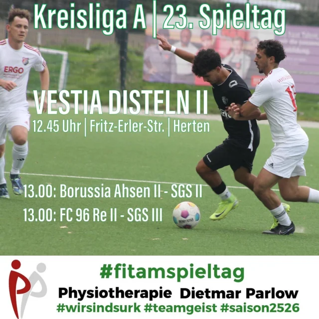 #meisterschaft #senioren #auswärts #fitamspueltag #wirsindsurk 

Unsere drei Seniorenteams sind heute alle fast zeitgleich aktiv ⚽️

Unsere Erste spielt schon um 12.45 Uhr bei @vestia_disteln II. Die Hertener stehen derzeit mit 18 Punkten auf Platz 13, zeigten zuletzt aber starke Leistungen gegen die Topteams Waltrop, Ahsen und Fenerbahce. Trotzdem wollen unsere Jungs natürlich in der Rückrunde weiterhin ungeschlagen bleiben und hoffentlich wie beim 2:1 im Hinspiel den nächsten Dreier einfahren 🍀💪

Unsere Zweite spielt um 13 Uhr bei @svborussiaahsen_diezweite. Die Dattelner stehen derzeit sieben Punkte hinter uns auf Platz 13. Im Hinspiel siegten unsere Jungs mit 6:2, auf dem tiefen Platz in Ahsen werden die Karten aber sicherlich neu gemischt 🤷‍♂️

Unsere Dritte spielt zeitgleich beim @fc96recklinghausen III. Der FC 96 steht derzeit 4 Punkte vor uns auf Platz 10. Im Hinspiel verloren wir knapp mit 0:1, ist also noch etwas gut zumachen 💪

Wir wünschen allen Teams viel Erfolg 🍀💚🤍