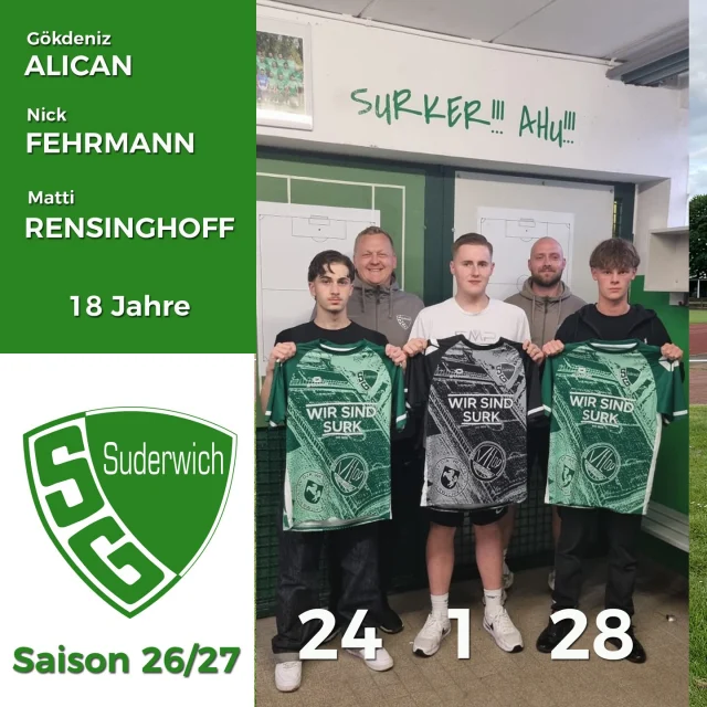 #erste #saison2627 #kader #eigemeJugemd #wirsindsurk

Wir freuen uns ganz besonders, dass wir mit Gökdeniz Alican, Matti Rensinghoff und Nick Fehrmann auch wieder 3 Spieler aus der eigenen Jugend im nächsten Jahr im Kader unserer Ersten haben 💚🤍💪

Gökdeniz kam vor 3 Jahren von der SG Hillen und spielte in der B-Jugend u.a. schon mit Noah zusammen 💪

Matti trägt seit 2 Jahren das Surker Trikot und kam aus der Jugemd des TuS und spielte dann zusätzlich  schon mit Basti, Christian, Joel und Fynn zusammen 🤝

Beide waren erstmals beim 5:3-Auswärtserfolg beim SC Herten im Kader der Ersten, aufgrund der knappen Kiste kamen beide leider noch nicht zum Einsatz 🤝

Nick ist der frischeste im Bunde und kam im Laufe der Rückrunde von BG Schwerin nach Surk. Nick komplettiert das Towartteam und Mitch, Christian und Laurenz 🙏

Wir wünschen allen 3 einen guten Start bei den Senioren 🍀💚🤍⚽️