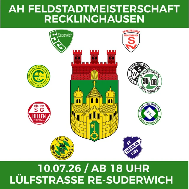 #alteherren #STM #kleinfeld #lülfstrasse #wirsindsurk 

Am Freitag sind unsere AH Gastgeber der Ü40 Stadtmeisterschaft 🙋‍♂️

Ab 18 Uhr treten acht Teams auf dem Kleinfeld an - erlaubt sind zudem 3 Spieler ab 35 ⚽️

Uns es wird Zeit den @fc96recklinghausen mal vom Thron zu stoßen 🤔 Im letzten Jahr gewann der FC 96 gegen unsere Jungs knapp mit 3:2 🙈

Los gehts in Gruppe A zunächst gegen die SG Hillen und die @etg_fussballabteilung bevor es dann gegen den Titelverteidiger geht.

Ab kurz vor acht geht’s dann weiter mit dem Halbfinale, um kurz vor neun wird dann der neue STM ermittelt 🏆

Für Essen und Trinken ist natürlich gesorgt, also schaut bei herrlichem Sommerwetter 😎 am Freitag an der Lülfstrasse vorbei 💚🤍