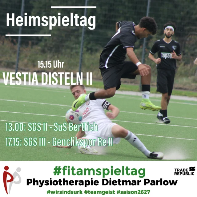 #senioren #meisterschaft #fitamspieltag #heimspiel #wirsindsurk 

Heute steht der erste Heimspiel-Sonntag der neuen Saison an 💚🤍⚽️

Um 15.15 Uhr empfängt unsere Erste den @vestia_disteln II. Die Hertener stehen nach dem Remis zum Auftakt derzeit auf Platz 7.

Um 13 Uhr empfängt unsere Zweite den @sus_bertlich_1945_ . Die Bertlicher stehen nach dem Last-Minute Sieg derzeit auf Platz 4.

Um 17.15 Uhr empfängt dann unsere Dritte @genclikspor_re1994 II. Genclikspor steht nach dem 0:7 gegen Hillen auf dem letzten Platz.

Kommt vorbei und unterstützt unsere Jungs 💚🤍💪

@prematch @traderepublic_de