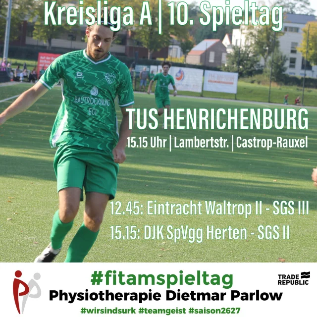 #senioren #meisterschaft #fitamspieltag #auswärts #wirsindsurk 

Heute geht’s für unsere Erste um 15.15 zum @tushenrichenburg . Während der tiefe Rasen im nur knapp 3km entfernten Castrop für viele unserer Jungs Neuland ist, war es in den 2000ern ein jährliches packendes Duell und so gehört der TuS mit 34 Spielen zu den Teams mit den häufigsten Duellen in diesem Jahrtausend 😳 

Das letzte Duell beim TuS ist allerdings schon genau zehn Jahre her und damals traten beide Trainer Max Khil und „Stoffel“ Meyer noch als Torschütze in Erscheinung 🔥

Der Aufsteiger ist bislang zu Hause ungeschlagen und holte 7 der bisherigen 8 Punkte zu Hause - es wird also Zeit für die erste Heimniederlage 😉 

Unsere Zweite spielt um 15.15 Uhr bei der @djkherten und trifft dabei auf einen direkten Tabellennachbarn. Die Hertener stehen derzeit mit 5 Punkten einen Platz vor uns auf Platz 12.

Für beide Teams ist es das erste Duell seit der Saison 22/23. Damals siegte jeweils das Heimteam deutlich 🤔 Einem 7:0-Heimerfolg unserer Jungs folgte in der Rückrunde ein 5:1-Erfolg für Herten.

Unsere Dritte spielt um 12.45 Uhr bei Eintracht Waltrop II. Die Waltroper stehen derzeit mit 3 Punkten auf Platz 13. Unsere Jungs wollen nach zwei knappen Niederlagen beim ersten Aufeinandertreffen natürlich den vierten Saisonsieg einfahren 👍

Viel Erfolg Jungs 💚🤍🍀⚽️

@traderepublic_de @prematch