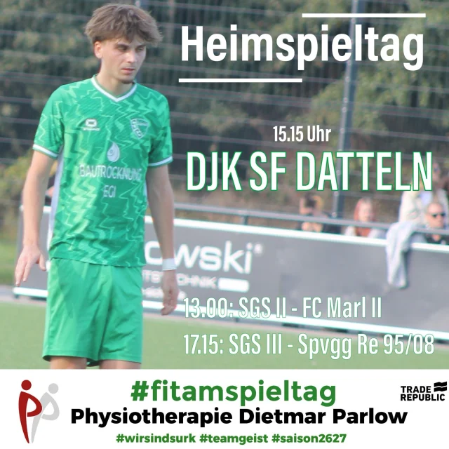 #meisterschaft #fitamspieltag #heimspiel #lülfstrasse #wirsindsurk

Heimspielsonntag an der Lülfstrasse 💚🤍

13:00 Uhr | Zweite

Im direkten Duell mit dem Tabellen-14. @fcmarl_zweite zählt jeder Punkt. Unsere Zweite will den Heimvorteil nutzen und wichtige Zähler im Kampf um den Klassenerhalt holen.

Ein Meisterschaftsduell zwischen den beiden Zweitvertretungen gab es tatsächlich noch nie! 😳 Zuletzt war der FCM II im April 2025 an der Lülfstrasse zu Gast – damals setzte sich unsere Erste deutlich mit 6:0 durch. 💪

15:15 Uhr | Erste

Das nächste „Spitzenspiel“ an der Lülfstrasse! Unsere Erste empfängt den Tabellenzweiten @djksportfreundedatteln . Aktuell liegen unsere Jungs nur einen Punkt hinter den Gästen. Mit einem Heimsieg würden wir an Datteln vorbeiziehen und uns vorerst in der Spitzengruppe festsetzen.

Auch ein Meisterschaftsduell mit der DJK SF gab es seit der Fusion noch nicht! 😳 Das letzte Aufeinandertreffen wird bei FUSSBALL.DE als höchste Niederlage der Dattelner geführt. 🙈 Im Januar 2025 konnten unsere Jungs bereits ein Testspiel in Datteln deutlich mit 6:1 gewinnen. Hoffen wir mal auf einen weiteren Sieg…😉

17:15 Uhr | Dritte

Nach dem 3:2-Auswärtssieg am vergangenen Spieltag will unsere Dritte nachlegen. Gegen den Tabellenfünften @spvgg_9508_re wartet allerdings die nächste anspruchsvolle Aufgabe. Im vergangenen Jahr konnte 95/08 beide Meisterschaftsspiele für sich entscheiden. Zeit, das zu ändern! 💪

Kommt vorbei und unterstützt unsere Jungs! 💚🤍🙏